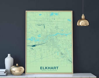 ELKHART Indiana IN us map poster color Hometown City Print Modern Home Decor Office Decoration Wall Art Dorm Bedroom Gift