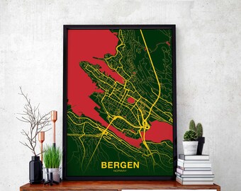 BERGEN Norway map poster color Hometown City Print Modern Home Decor Office Decoration Wall Art Dorm Bedroom Gift