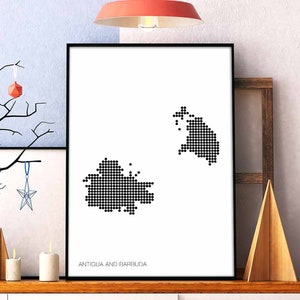 ANTÍGUA E BARBUDA pontos mínimos retro mapa pôster preto branco decoração de parede design moderno suíço escandinavo nórdico inauguração de casa viagem quarto