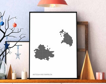 ANTIGUA & BARBUDA minimal dots retro map poster black white wall decor design modern swiss scandinavian nordic housewarming travel bedroom