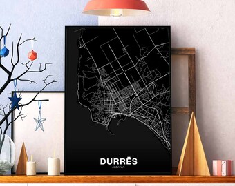 DURRES Albania map poster black white Hometown City Print Modern Home Decor Office Decoration Wall Art Dorm Bedroom Gift
