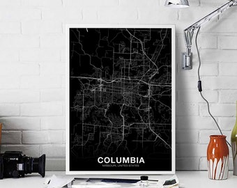 COLUMBIA Missouri MO USA map poster black white Hometown City Print Modern Home Decor Office Decoration Wall Art Dorm Bedroom Gift