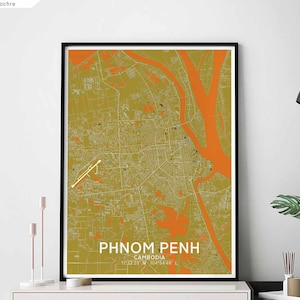 PHNOM PENH Cambodge carte affiche noir blanc ville natale ville impression moderne décor à la maison bureau décoration mur art dortoir chambre cadeau
