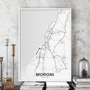 MORONI Comores carte affiche noir blanc ville natale ville impression moderne décor à la maison bureau décoration mur art dortoir chambre cadeau