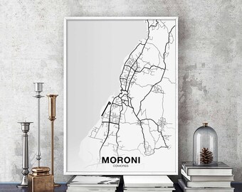 MORONI Comores map poster black white Hometown City Print Modern Home Decor Office Decoration Wall Art Dorm Bedroom Gift