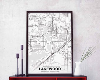 LAKEWOOD Washington WA USA map poster black white  Hometown City Print Modern Home Decor Office Decoration Wall Art Dorm Bedroom Gift
