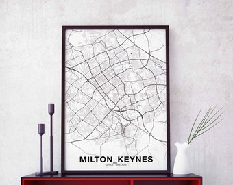 MILTON KEYNES Great Britain UK map poster black white Hometown City Print Modern Home Decor Office Decoration Wall Art Dorm Bedroom Gift