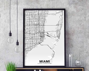 MIAMI Florida FL USA map poster black white Hometown City Print Modern Home Decor Office Decoration Wall Art Dorm Bedroom Gift