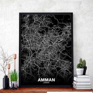 AMMAN jordanie carte affiche noir blanc ville natale ville impression moderne décor à la maison bureau décoration mur art dortoir chambre cadeau