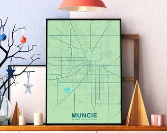 MUNCIE Indiana IN US map poster color Hometown City Print Modern Home Decor Office Decoration Wall Art Dorm Bedroom Gift