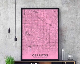 CERRITOS California CA US map poster color Hometown City Print Modern Home Decor Office Decoration Wall Art Dorm Bedroom Gift