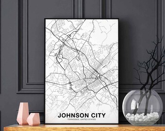 JOHNSON CITY Tennessee TN usa map poster black white Hometown City Print Modern Home Decor Office Decoration Wall Art Dorm Bedroom Gift