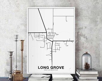 LONG GROVE Iowa IA usa map poster black white Hometown City Print Modern Home Decor Office Decoration Wall Art Dorm Bedroom Gift