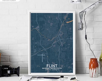 FLINT Michigan USA map poster black white Hometown City Print Modern Home Decor Office Decoration Wall Art Dorm Bedroom Gift