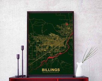 BILLINGS Montana MT US map poster color Hometown City Print Modern Home Decor Office Decoration Wall Art Dorm Bedroom Gift