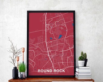ROUND ROCK Texas TX usa map poster color Hometown City Print Modern Home Decor Office Decoration Wall Art Dorm Bedroom Gift