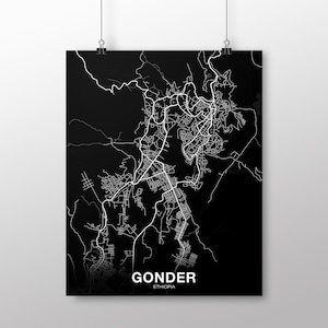 GONDER éthiopie carte affiche noir blanc ville natale ville impression moderne décor à la maison bureau décoration mur art dortoir chambre cadeau