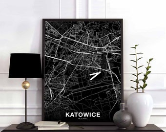 KATOWICE Poland map poster black white Hometown City Print Modern Home Decor Office Decoration Wall Art Dorm Bedroom Gift