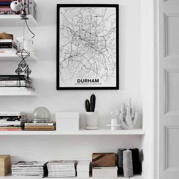 Durham North Carolina Nc Usa Map Poster Black White Wall Decor Etsy
