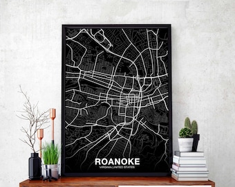 ROANOKE Virginia VA USA map poster black white Hometown City Print Modern Home Decor Office Decoration Wall Art Dorm Bedroom Gift