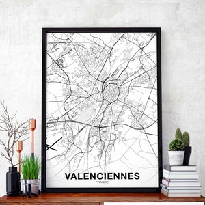 VALENCIENNES France carte affiche noir blanc ville natale ville impression moderne décor à la maison bureau décoration mur art dortoir chambre cadeau