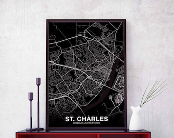 ST CHARLES Missouri MO usa map poster black white Hometown City Print Modern Home Decor Office Decoration Wall Art Dorm Bedroom Gift