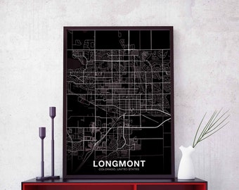 LONGMONT Colorado CO USA map poster black white Hometown City Print Modern Home Decor Office Decoration Wall Art Dorm Bedroom Gift