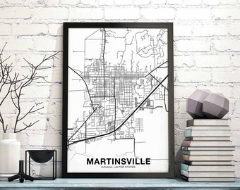 MARTINSVILLE Indiana IN USA map poster black white Hometown City Print Modern Home Decor Office Decoration Wall Art Dorm Bedroom Gift