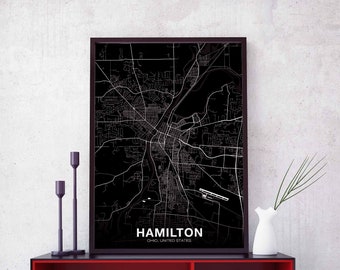 HAMILTON Ohio OH USA map poster black white Hometown City Print Modern Home Decor Office Decoration Wall Art Dorm Bedroom Gift