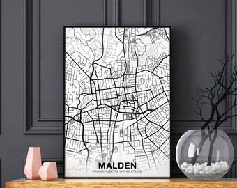 MALDEN Massachusetts MA USA map poster black white  Hometown City Print Modern Home Decor Office Decoration Wall Art Dorm Bedroom Gift