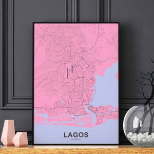 LAGOS nigeria carte affiche couleur ville natale ville impression moderne décor à la maison bureau décoration mur art dortoir chambre cadeau