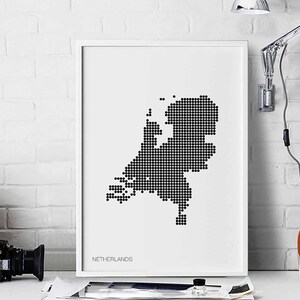 NEDERLAND minimale stippen retro kaart poster zwart witte muur decor ontwerp modern Zwitsers Scandinavisch nordic housewarming reizen