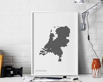 NETHERLANDS minimal dots retro map poster black white wall decor design modern swiss scandinavian nordic housewarming travel