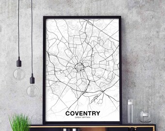 COVENTRY Great Britain GB UK map poster black white Hometown City Print Modern Home Decor Office Decoration Wall Art Dorm Bedroom Gift