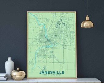 JANESVILLE Wisconsin WI USA poster color Hometown City Print Modern Home Decor Office Decoration Wall Art Dorm Bedroom Gift