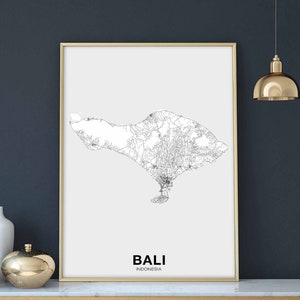 BALI Indonésie carte affiche noir blanc ville natale ville impression moderne décoration maison bureau décoration mur art dortoir chambre cadeau île tropicale