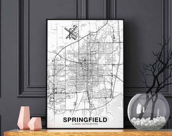 SPRINGFIELD Illinois IL USA map poster black white Hometown City Print Modern Home Decor Office Decoration Wall Art Dorm Bedroom Gift