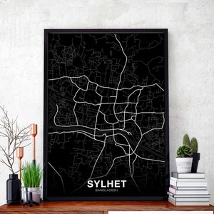 SYLHET Bangladesh carte affiche noir blanc ville natale ville impression moderne décor à la maison bureau décoration mur art dortoir chambre cadeau