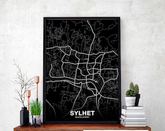 SYLHET Bangladesh map poster black white  Hometown City Print Modern Home Decor Office Decoration Wall Art Dorm Bedroom Gift
