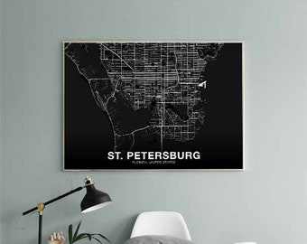 ST PETERSBURG Florida FL usa map poster black white Hometown City Print Modern Home Decor Office Decoration Wall Art Dorm Bedroom Gift