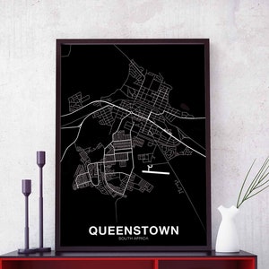 Póster con mapa de QUEENSTOWN, Sudáfrica, en blanco y negro, ciudad natal, impresión moderna, decoración del hogar, oficina, arte de pared, dormitorio, regalo
