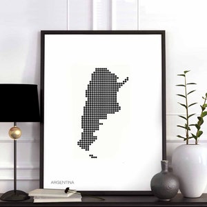 Póster retro con diseño de mapa de puntos minimalistas de Argentina, decoración de pared en blanco y negro, diseño moderno suizo, escandinavo, nórdico, inauguración de la casa, viajes, dormitorio