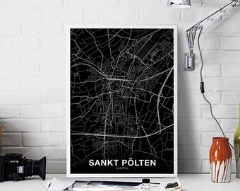 SANKT POLTEN Austria map poster black white Hometown City Print Modern Home Decor Office Decoration Wall Art Dorm Bedroom Gift