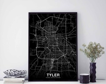 TYLER Texas TX USA map poster black white Hometown City Print Modern Home Decor Office Decoration Wall Art Dorm Bedroom Gift