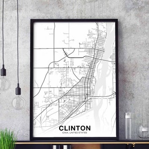 CLINTON Iowa IA usa carte affiche noir blanc ville natale ville impression moderne décor à la maison bureau décoration mur art dortoir chambre cadeau