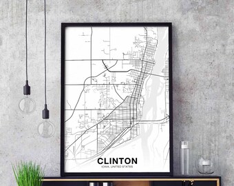 CLINTON Iowa IA usa map poster black white Hometown City Print Modern Home Decor Office Decoration Wall Art Dorm Bedroom Gift