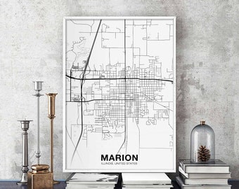 MARION Illinois IL USA digital map poster black white wall decor design modern scandinavian minimal nordic housewarming travel bedroom