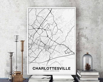 CHARLOTTESVILLE Virginia VA US map poster black white Hometown City Print Modern Home Decor Office Decoration Wall Art Dorm Bedroom Gift
