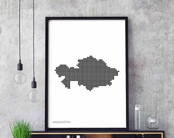 KAZAKHSTAN minimal dots retro map poster black white wall decor design modern swiss scandinavian nordic housewarming travel