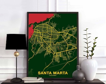 SANTA MARTA Colombia map poster color Hometown City Print Modern Home Decor Office Decoration Wall Art Dorm Bedroom Gift